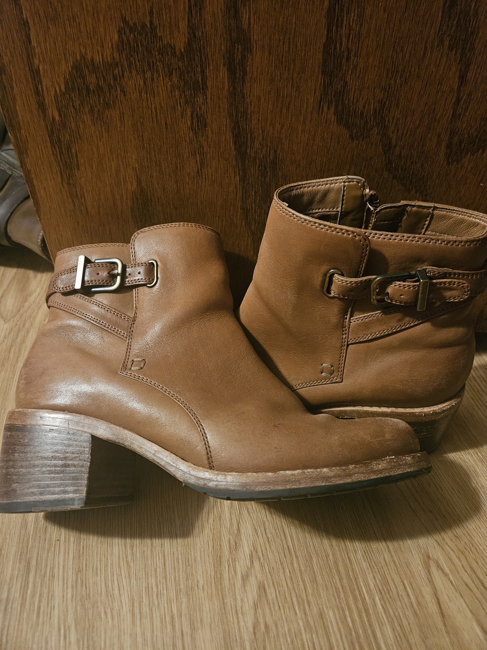 Clarks Tan Leather Ankle Booties with Buckle Accent